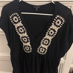 Lucky Brand Black V-Neck Top with Cream Crochet Trim